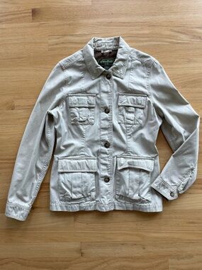 Eddie Bauer S Khaki Lightweight Utility Jacket 100% Cotton Cargo Pocket 4-Button